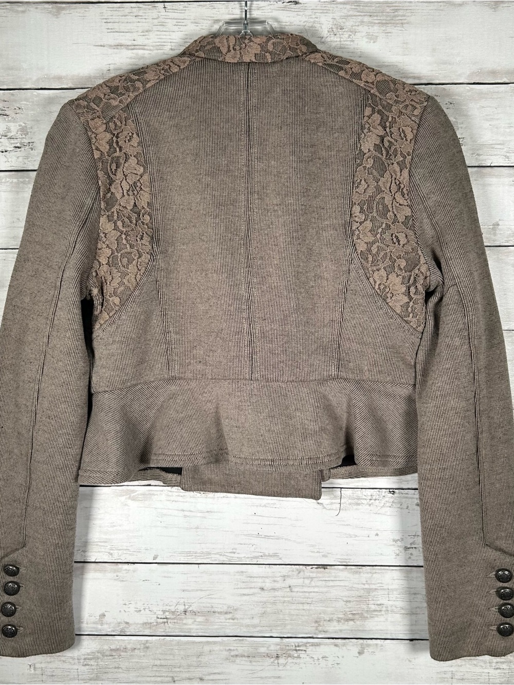 Free People Military Lace Double Breasted Cropped Peplum Tan Black Jacket 6 - Picture 7 of 8